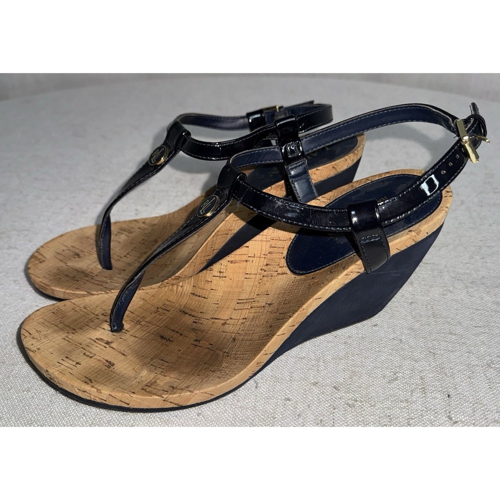 Ralph Lauren Navy Blue Women's 8.5 T-Shaped Thong Wedge Sandals Heels - Picture 2 of 9